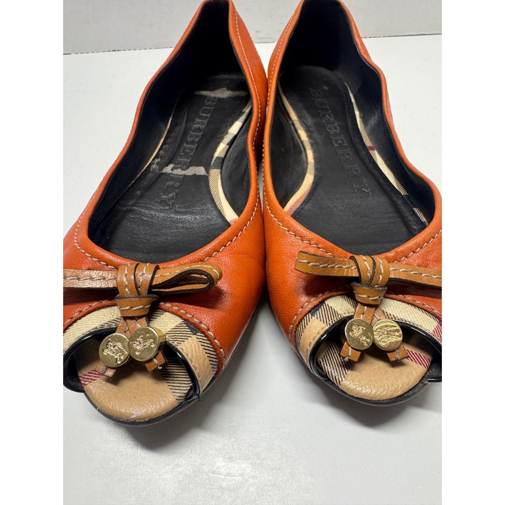 Burberry Orange Leather Nova Check Peep Toe Ballet Flats Bow‎ Charms Size 37 7 - Picture 2 of 10